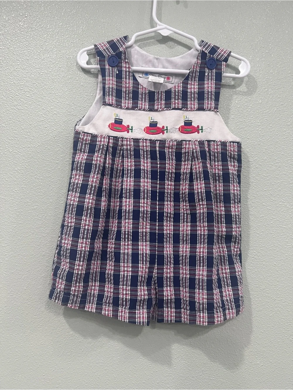 Sam Says Baby Boy 24M Plaid Shortall Romper Embroidered Submarine Nautical